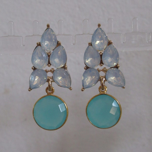 Kate Middleton Duchess of Cambridge Inspired Replikate Natural Aqua Chalcedony Crystal Round Drop Earrings