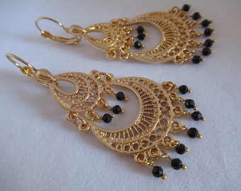 Black Onyx Dangle Earrings, Gold Plated Statement Design, Inspired by Royal Style