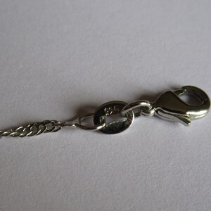 May include: A silver chain necklace with a lobster clasp closure. The chain is a delicate, twisted design.