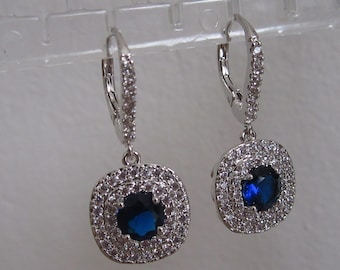 Meghan Markle Duchess of Sussex Inspired Sapphire Blue and Clear Cubic Zirconia Square Drop Earrings