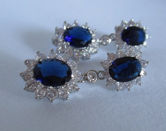 Catherine Lady Diana Inspired Replikate Sapphire Oval Double Drop Earrings September Birthstone Royal  Princess of Wales Kate Middleton