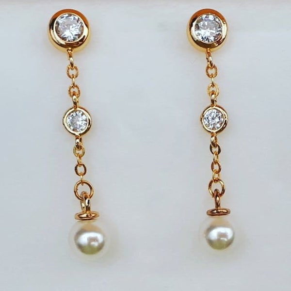 Lady Di Diana Princess of Wales Inspired Yellow Gold Round Faux Pearl Cubic Zirconia Pendant Earrings