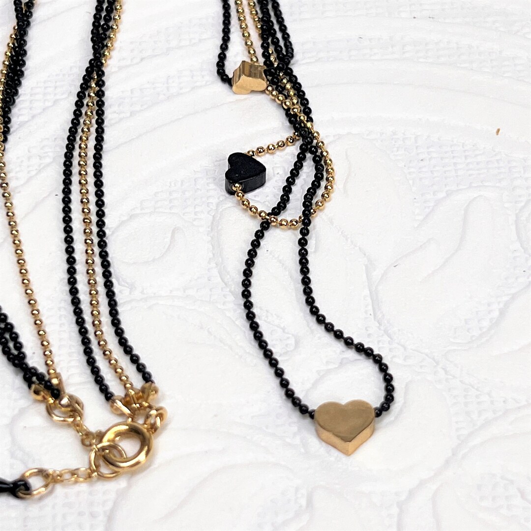 Vintage Gold Tone Beaded Triple Strand Gold Chain & Black Chain