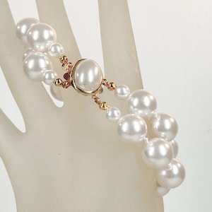 Vintage Simulated Pearl Beaded Bracelet - Double Strand - Ornate Gold Tone Closure - Fancy Feminine - Victorian - Mid Century - Gift Her