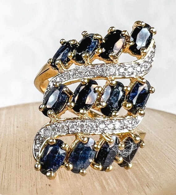 Vintage Simulated Sapphire Diamond Ring Wavy Rows Dark Blue