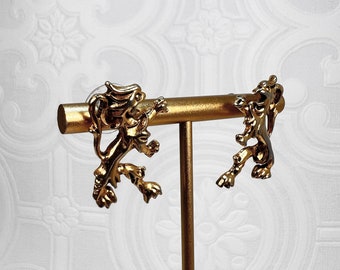 Standing Crest Shield Style lion Earrings - Gold Tone - Tail Up - Animated Paws - Mouth Open - Post Earrings - Classic Classy - Figural Rare