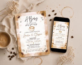 A Baby Is Brewing Invitation Template, Neutral Coffee Boho Canva Invite