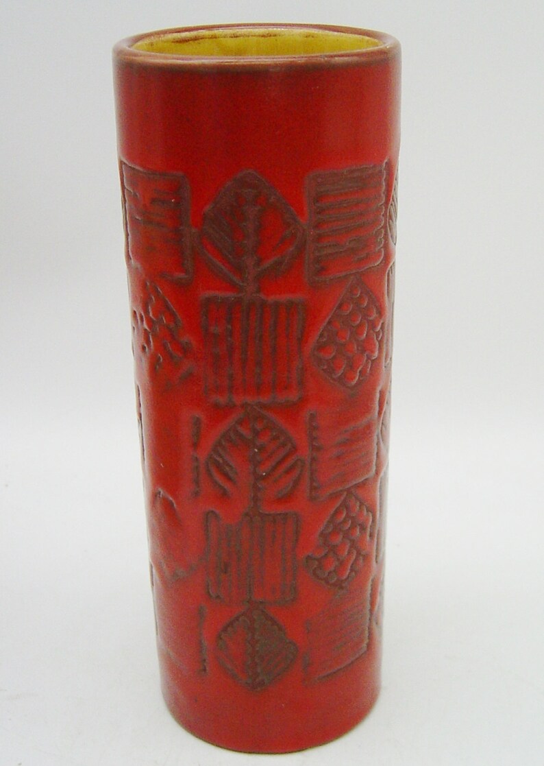 mid century orange Scheurich pottery vase with lava glaze image 6