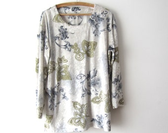 Vintage Extra Large Velvet Shirt Long Sleeve Velvet Top Patterned Velvet Blouse Women's Velvet Sweater Grandmother Comfortable Blouse