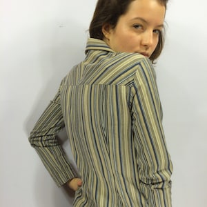 Vintage Hippie Festival Camicia Donna Grigio Blu Striscia In Denim Camicia s&#39;ipper Sealing maniche lunghe Blos Camicetta piccola dimensione Hipster Giacca