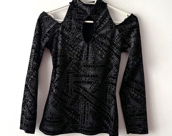 Vintage Black Silver Velvet Blouse Long Sleeve Velvet Top Women's slim fit velvet blouse Size Small Velour Shirt open shoulders