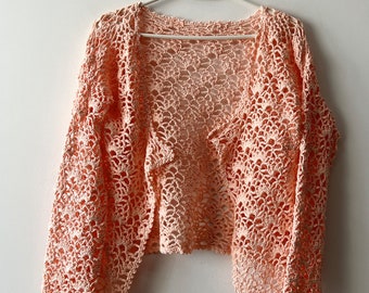 Vintage Hand crocheted cardigan Women's pale Peach cardigan  Long Sleeve crocheted top Romantic summer crocheted jacket Size Small to medium