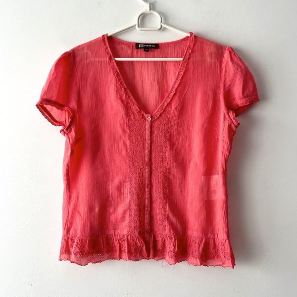 Vintage Comfortable thin cotton blouse Pale coral Cotton Top Blouse Short Sleeve button up top Everyday Summer Top Large Size