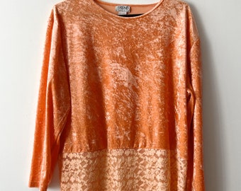 Vintage Comfortable Velvet Blouse Long Sleeve Velvet Top Women's orange velvet blouse with lace Large to XL size velour Shirt