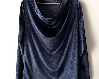 Vintage Comfortable Velvet Blouse Long Sleeve Velvet Top Women's Navy blue velvet blouse Velour Shirt Medium size women's everyday jumper
