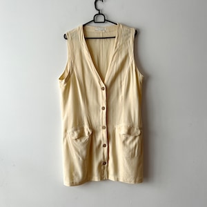 Vintage 90s summer vest Pale yellow viscose vest Hippie Festival long vest Sleeveless long shirt Button Down Fitted Comfortable vest Size XL