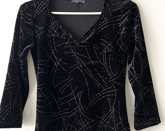 Vintage Black Silver Velvet Blouse Quarter sleeve Velvet Top Women's slim fit velvet blouse Size Extra small velour shirt V-neck velvet top