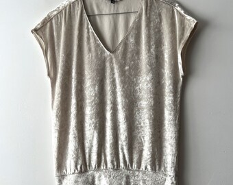 Vintage Shiny beige velvet blouse Short Sleeve Velvet Top Women's  Velvet everyday Shirt Size Small to Medium comfortable Velour Shirt