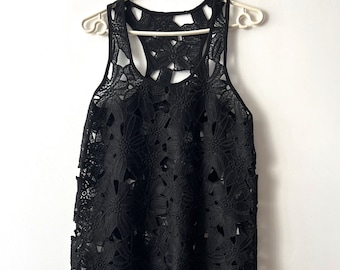 Vintage Black lace sleeveless blouse Long black sheer lace top Small size summer top Lace festival tunic top