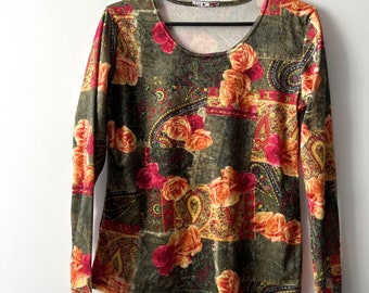 Vintage Blumen Druck Samt Top Gemusterte Samt Bluse Langarm Samt Top Damen Samt Sport Shirt Größe Medium Regenbogen Velour Shirt