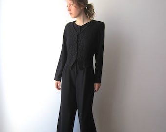Vintage 80's Black Evening Overalls Long Sleeve Wide Leg Rompers Disco Style One Pice Jumpsuit Size S/M Black Lace Rompers Retro Jumpsuit