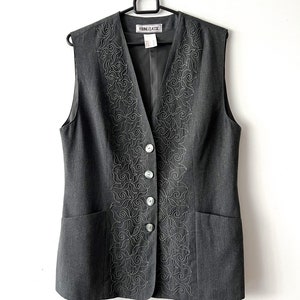 Vintage Embroidered Women's Waistcoat Button up Grey Elegant Vest  Long Grandmother Vest with pockets Size Large to Extra large