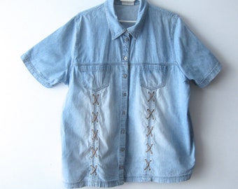 Vintage Plus Extra Large Women's Denim Shirt Light Blue Jeans Shirt Button Up Short Sleeves Denim Shirt Washed out Denim jeans Shirt