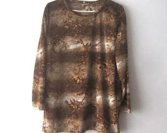 Vintage Extra große samt Shirt Langarm samt Top braun gemusterte samt Bluse Damen samt Pullover Großmutter samt Bluse