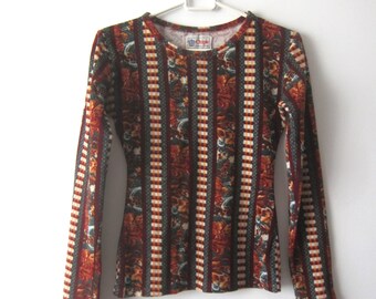 Vintage marrón estampado terciopelo blusa de manga larga terciopelo top mujer terciopelo camisa deportiva tamaño extra pequeño a pequeño arco iris velour camisa