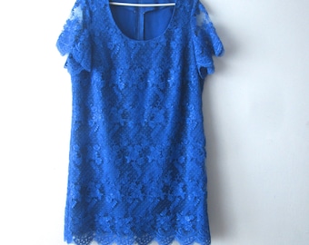 Extra Large Blue Lace Dress Vintage Formal Women's Petite Dress Cocktail Party Dress Lace Sleeve Dress Grandma Dress Handmade Lady Dress