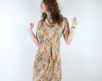 Vintage 70's Flowers Print Dress Festival Dress Brown Blue  Floral Print Dress Short Sleeve 70s Home dress Romantic Boho Dress Small Size