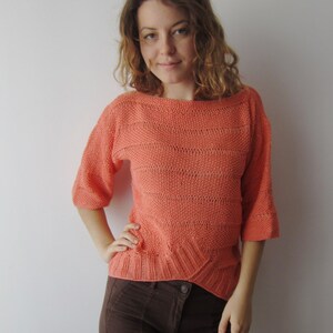 Vintage Comfortable Summer Sweater Salmon Knitted Jumper Quarter sleeves Top Romantic Sweater Women&#39;s Knitted Top Office Sweater Size Medium