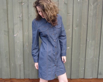 Denim Mini Dress Button Up Long Sleeves Blue Jeans Shirt Dress Home Denim Dress Size Small to Medium