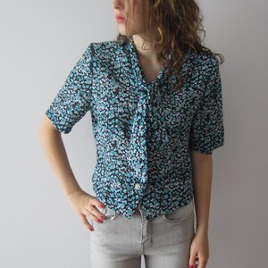 Vintage Turquoise Flowers Print Blouse Button Up Short Sleeves Top Shoulder Pads Romantic Floral Secretary Shirt Small Size Teacher Blouse