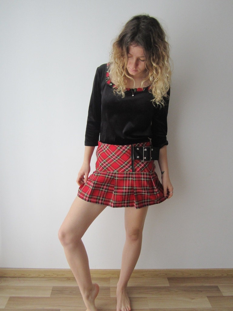 スカート Mardi Mercredi Plaid pleated mini skirt red S50035 Vintage Red Plaid Skirt Pleated Mini Skirt Red Black