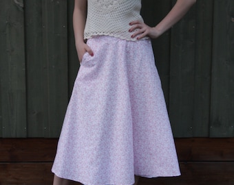 Vintage Cotton White Skirts Button Up Side Skirt Red Ornaments Print Full Midi Skirts Medium/Large Skirt with lining Romantic Summer Skirt