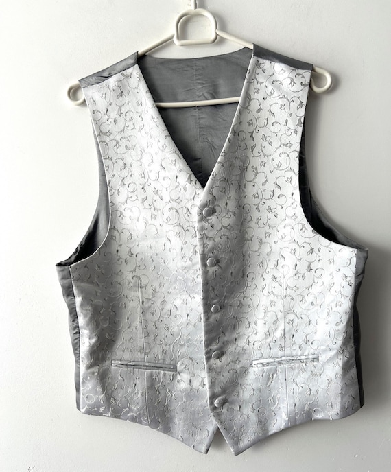 Vintage Grey Silver Shiny Mens Vest Shiny Patterned Formal Vest