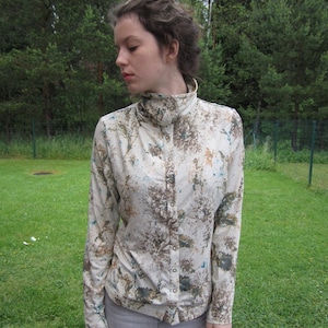 Vintage Damen gemusterte Shirt Push-Button Shirt Langarm Turtleneck Kabel Bluse bequem Shirt jeden Viskose Shirt Größe M/L