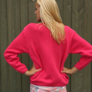 Vintage Women's Knitted Pink Sweater Bright Slouchy Jumper Comfortable Pullover Knit Flowers Sweater Bright Pink Hipster Jumper Small Size image 3