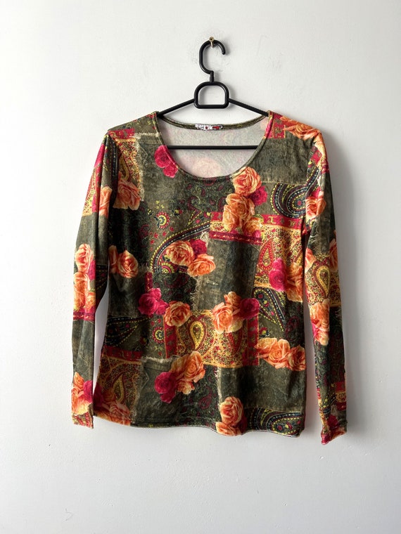 Vintage Flowers Print Velvet Top Patterned Velvet Blouse Long