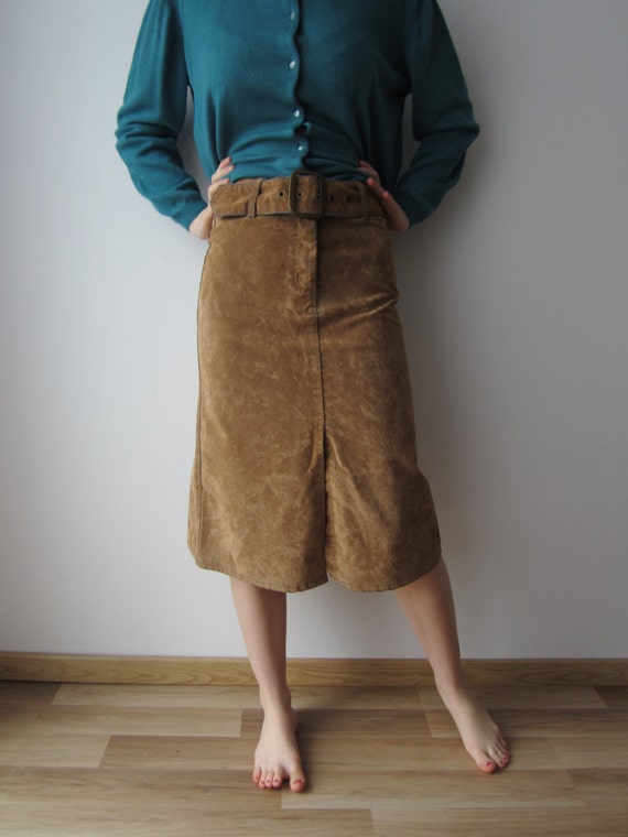 Vintage Caramel Brown Midi Skirt Velvet Blend Den… - image 1