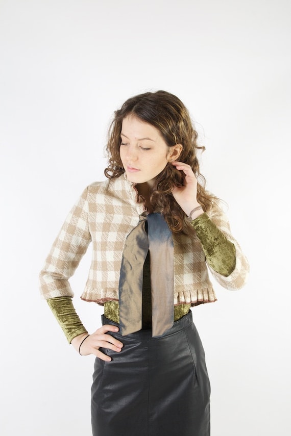 Women's Formal Beige Plaid Jacket 3/4 Sleeves Short Wool Evening Blazers 60's Style Lady Jacket Extra Small to Small Size