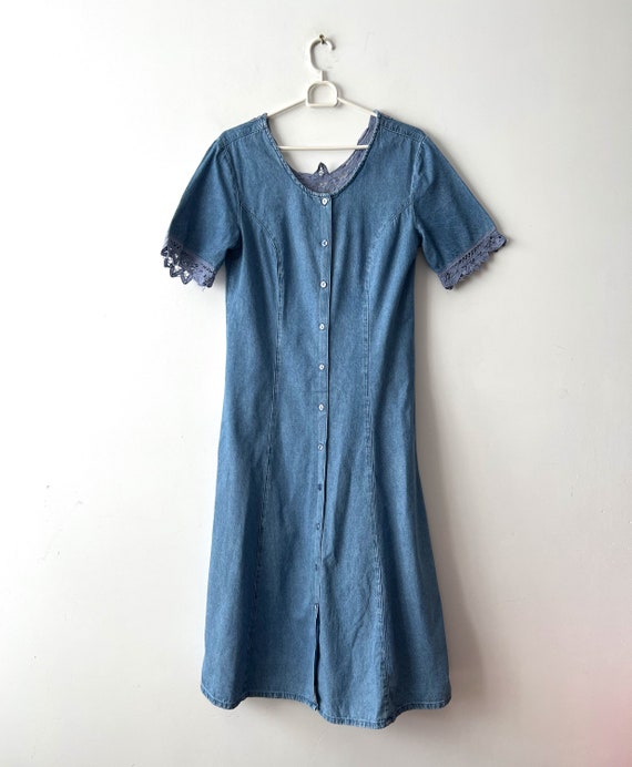 Vintage 90s Denim Shirt Dress Denim Button Up Denim Dress Short Sleeve Shirt Dress Grunge Denim Dress Comfortable Midi Denim Dress Size M