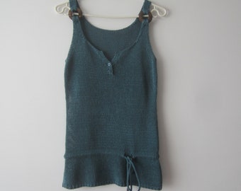 Vintage punto top sin mangas azul marino - verde top small size top romántico verano top correas de espagueti cómodo top