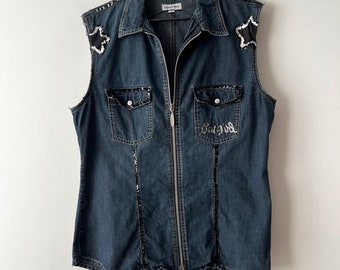 vintage Denim Vest Women Denim Vest 90s grunge Denim Vest Gothic denim vest Skull print Vest Sleeveless Denim Shirt Taille Moyenne à grande