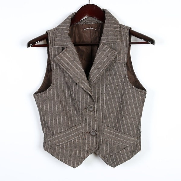 Brown Grey Womens Striped Vest Small Size Fitted Everyday Waistcoat
