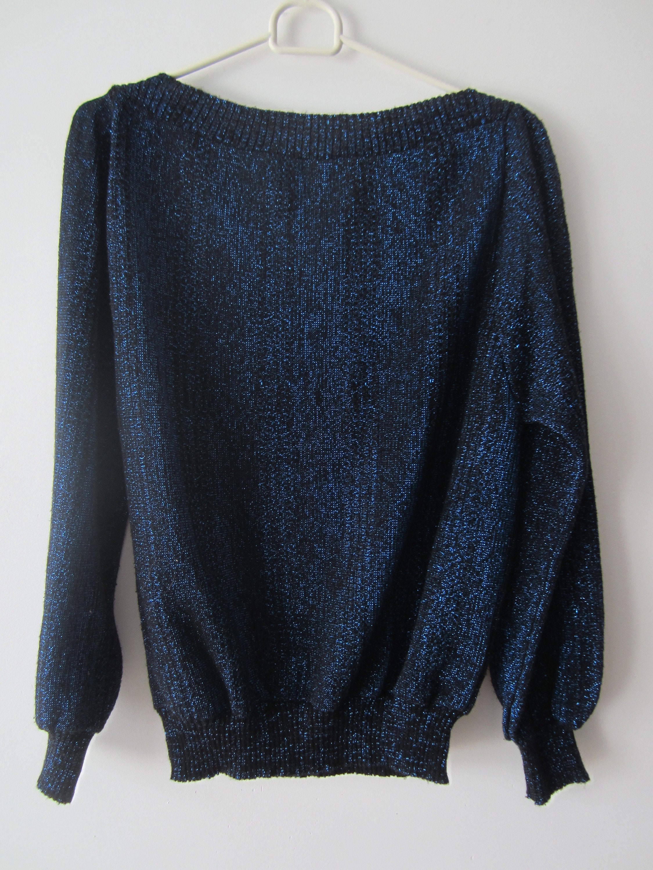 VintageSisBro Vintage Blue Shiny Sweater New Years Party Jumper Hipster Slouchy Sweater Womens Disco Jumper Black Blue Metallic Knitted Sweater Size Small