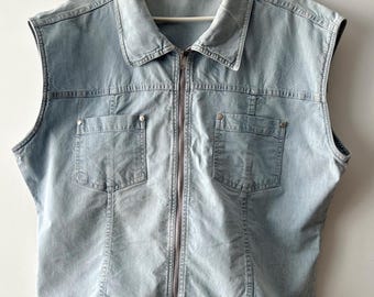 Chemise en jean vintage femme des années 90, grunge, chemise en jean, gilet en jean gothique, chemise en jean sans manches avec fermeture à glissière, taille très grande