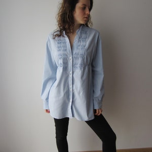 Women&#39;s Plaid Shirt Button Up Long Sleeve Long Blouse Large to Extra Large Size Checkered Blue White Shirt Maternity Blouse