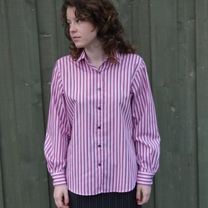 Vintage Women&#39;s Striped Pink Shirt Button Up Long Sleeves Shirt Vertical Stripes Shirt Secretary Classic Blouse Large Size teacher top